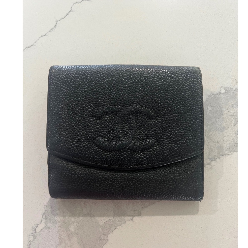 Chanel Black Caviar‎ Leather Timeless CC Logo Bifold Wallet Made in France